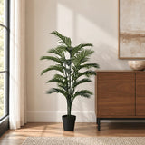 47.2-inch Areca Palm artificial tree in its black nursery pot beside an indoor credenza