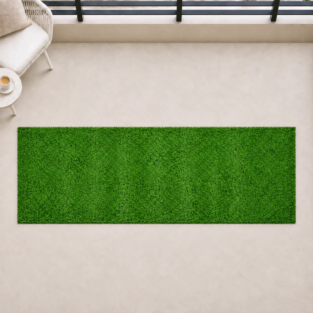 One 3m by 1m artificial grass roll laid flat on a covered balcony; chair and table are styling props.