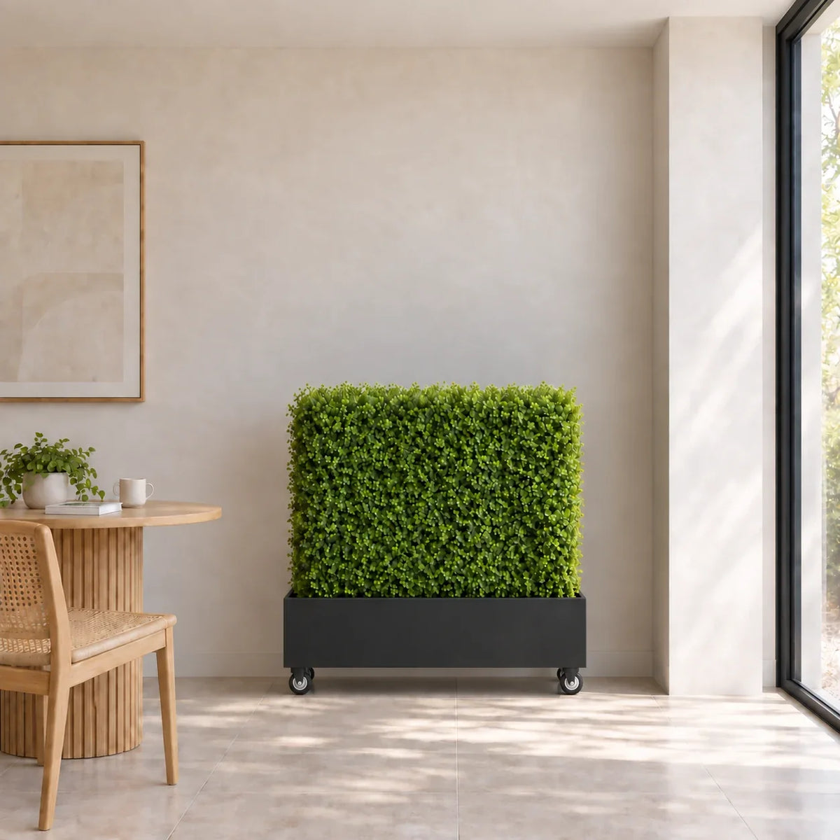 Deluxe Portable Buxus Hedge 100cm long x 100cm high styled inside a Black Metal Planter Medium with Wheels in a sunroom. Planter is sold separately.