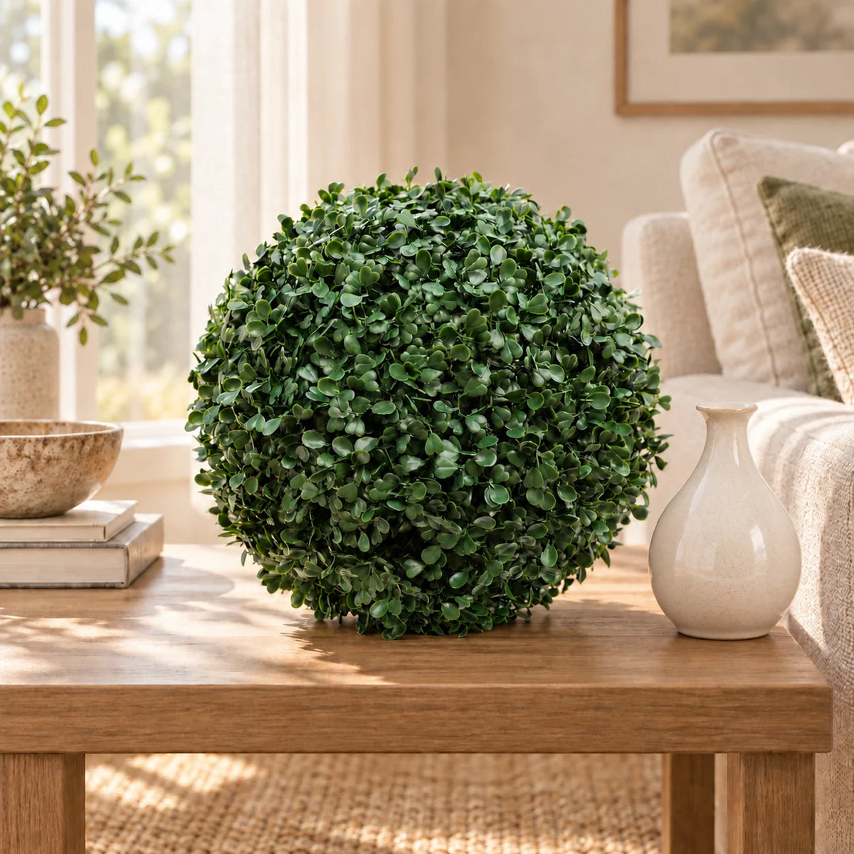 28cm artificial boxwood ball on a timber coffee table in a relaxed living room.