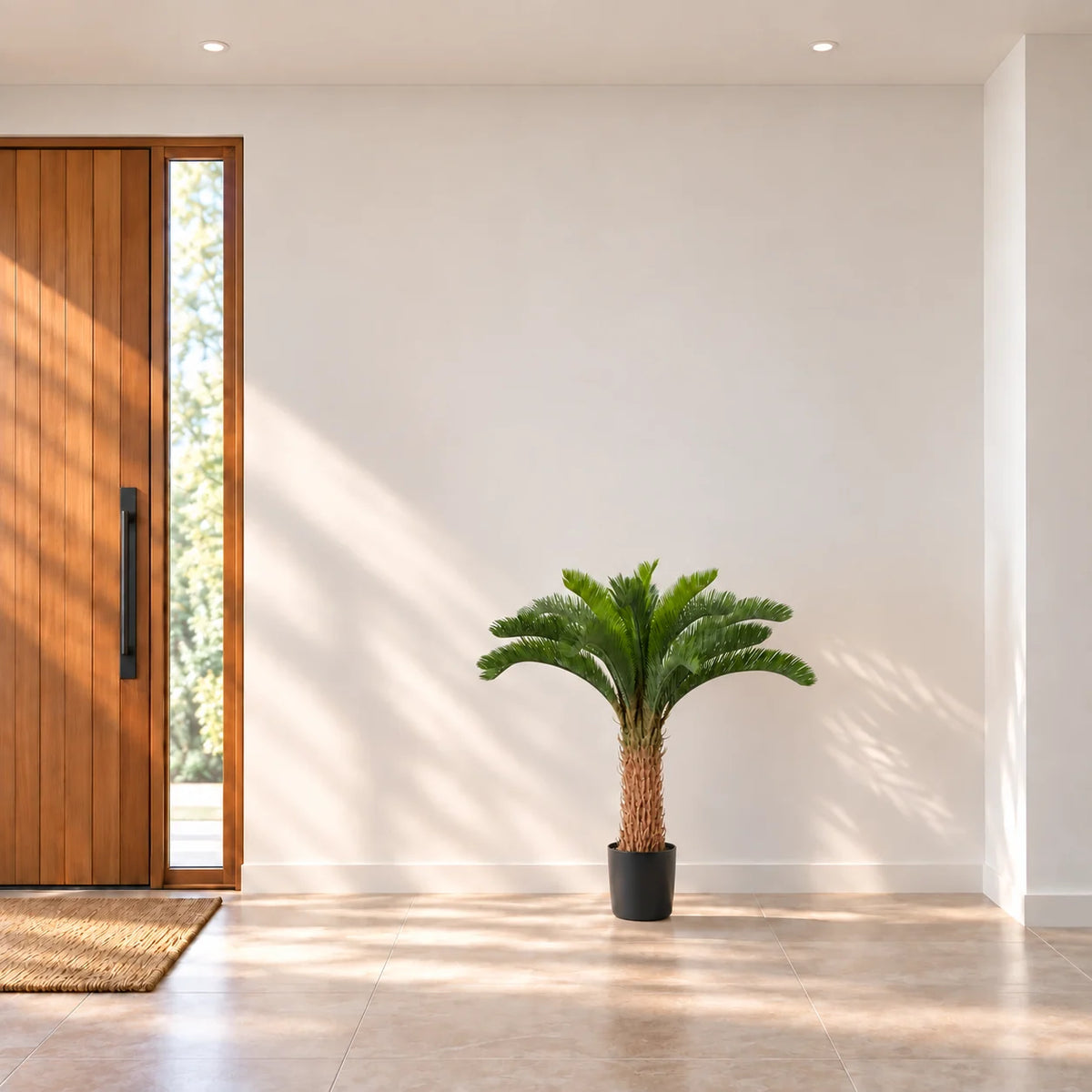 Artificial cycad palm in its black pot in a modern residential entrance.