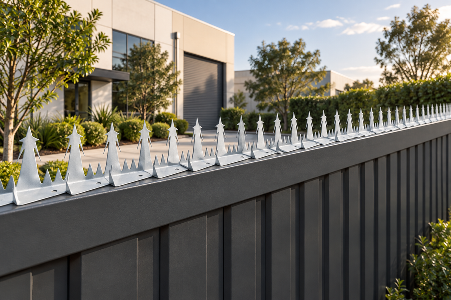 Galvanised Designer Guard fence spikes along a commercial boundary