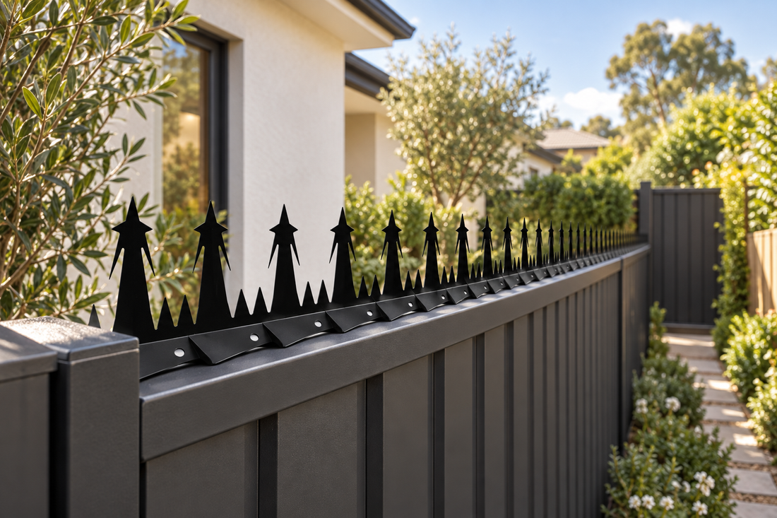 Black Designer Guard fence spikes along a modern home’s side boundary