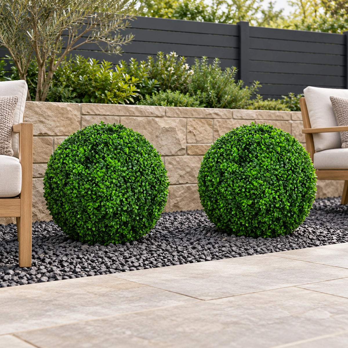 Large Green Leaf Buxus Faulkner Topiary Ball UV Resistant 48cm - styled product image A