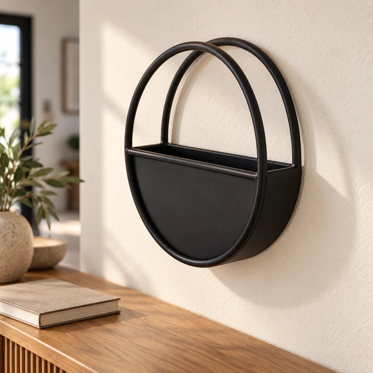 Premium Floating Half Moon / Semi Circle Metal Wall Planter | Onyx Black 35cm - styled product image A