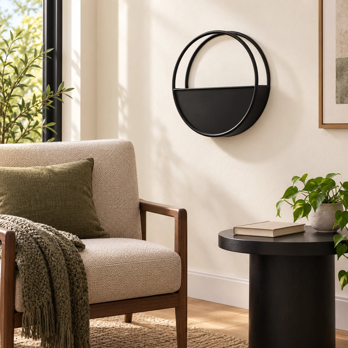 Premium Floating Half Moon / Semi Circle Metal Wall Planter | Onyx Black 45cm - styled product image A