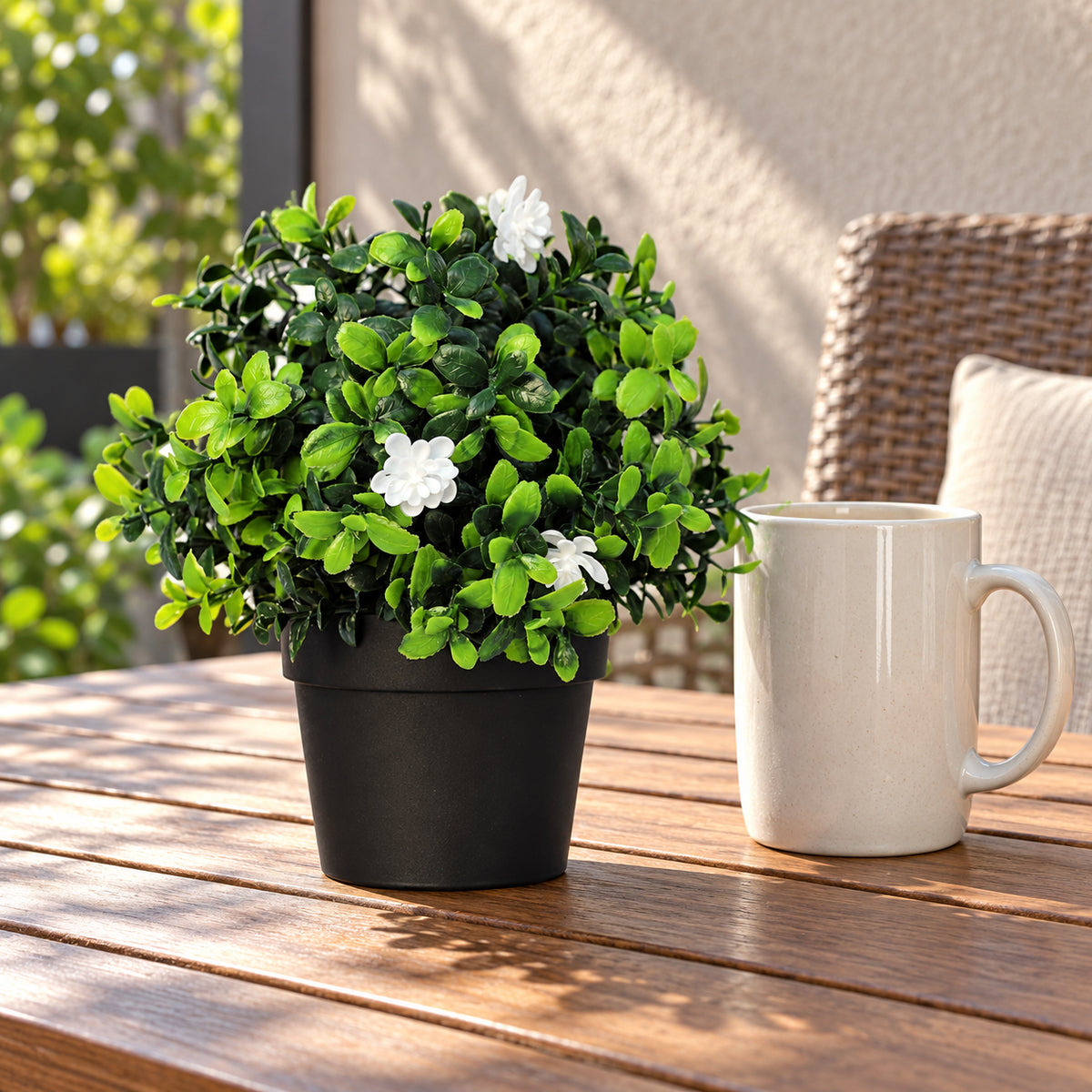 Small Potted Artificial Flowering Boxwood Plant UV Resistant 20cm - styled product image A