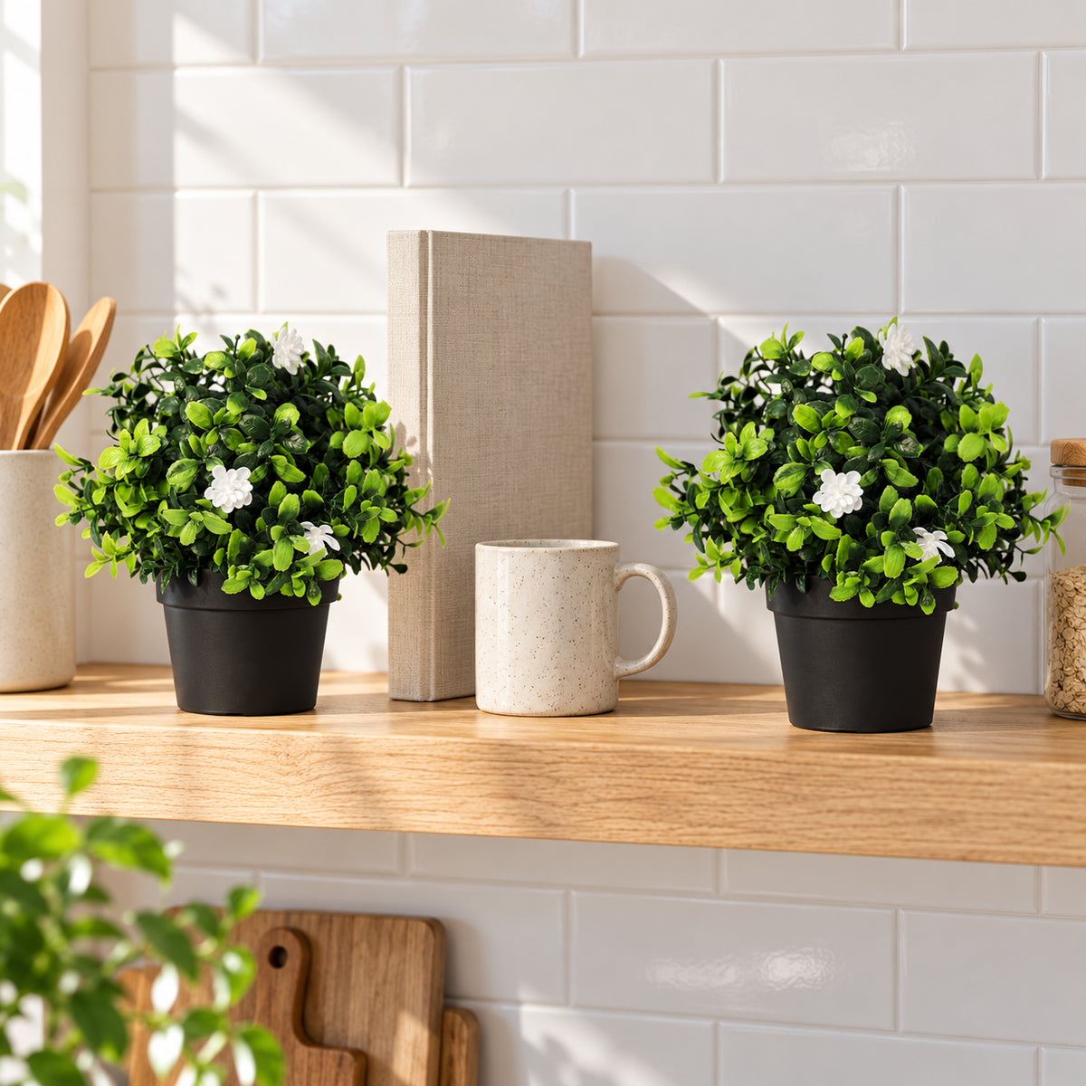 Small Potted Artificial Flowering Boxwood Plant UV Resistant 20cm - styled product image B