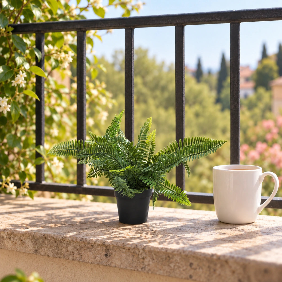 Small Potted Artificial Dark Green Fern Plant UV Resistant 20cm - styled product image A