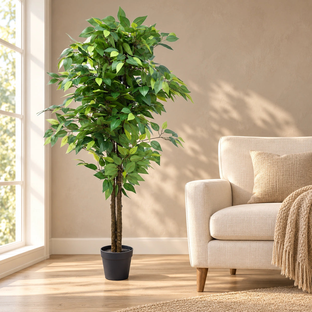 Premium Bushy Potted Artificial Ficus Tree 140cm - styled product image A