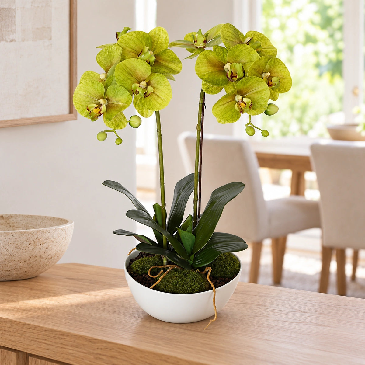 Two Stem Butterfly Artificial Orchid Cream 50cm - styled product image A