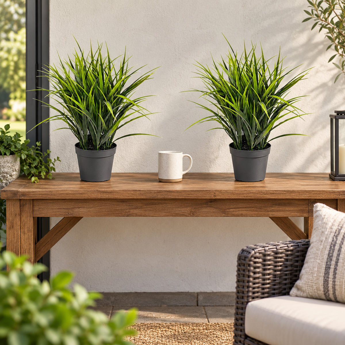 Artificial Ornamental Potted Dense Green Grass UV Resistant 38cm - styled product image B
