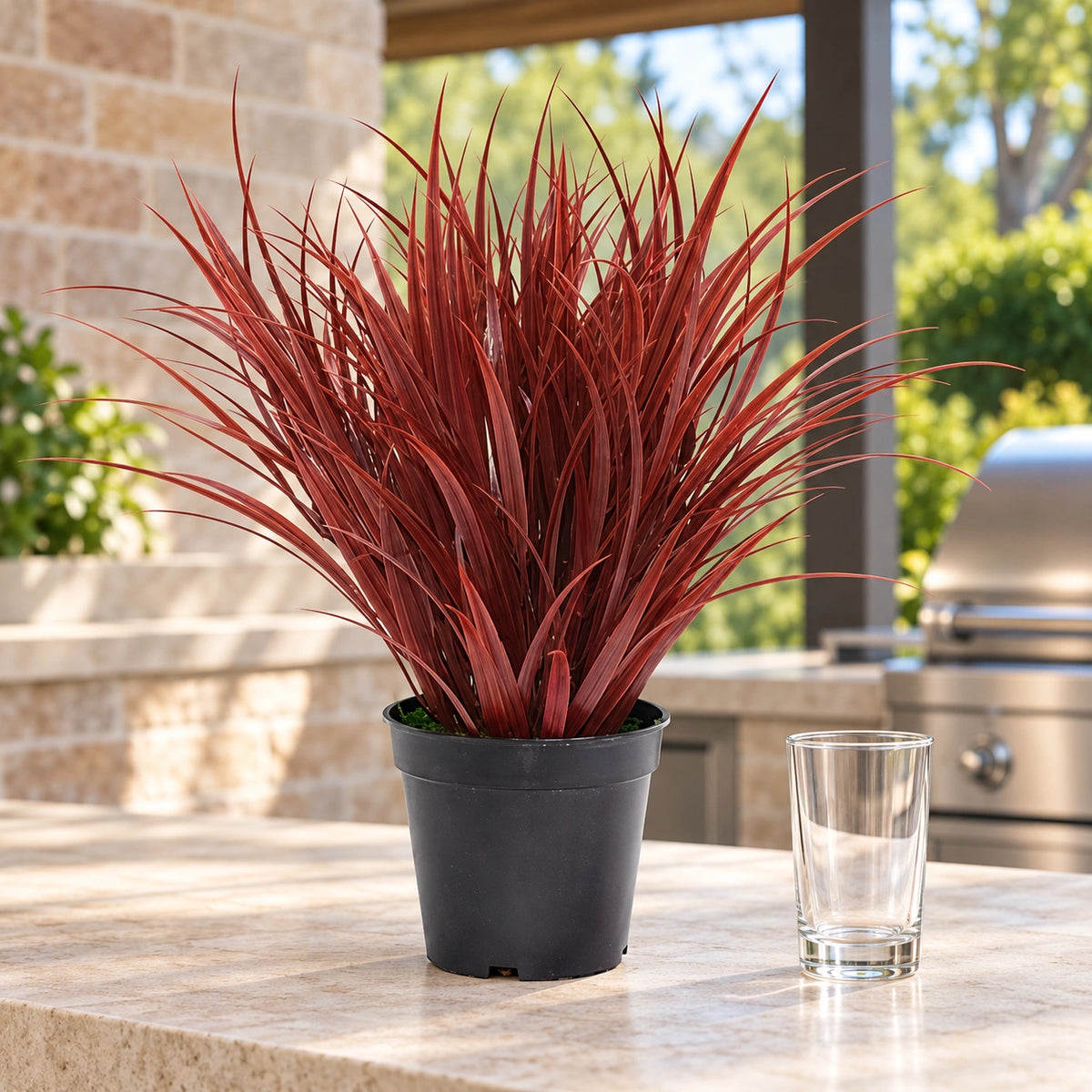 Artificial Ornamental Potted Dense Burgundy Grass UV Resistant 38cm - styled product image B