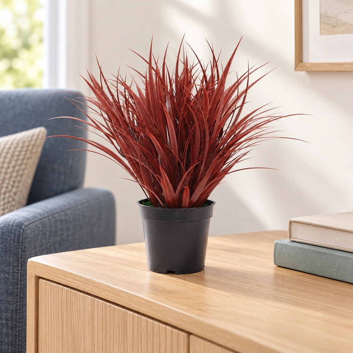 Artificial Ornamental Potted Dense Burgundy Grass UV Resistant 38cm - styled product image C