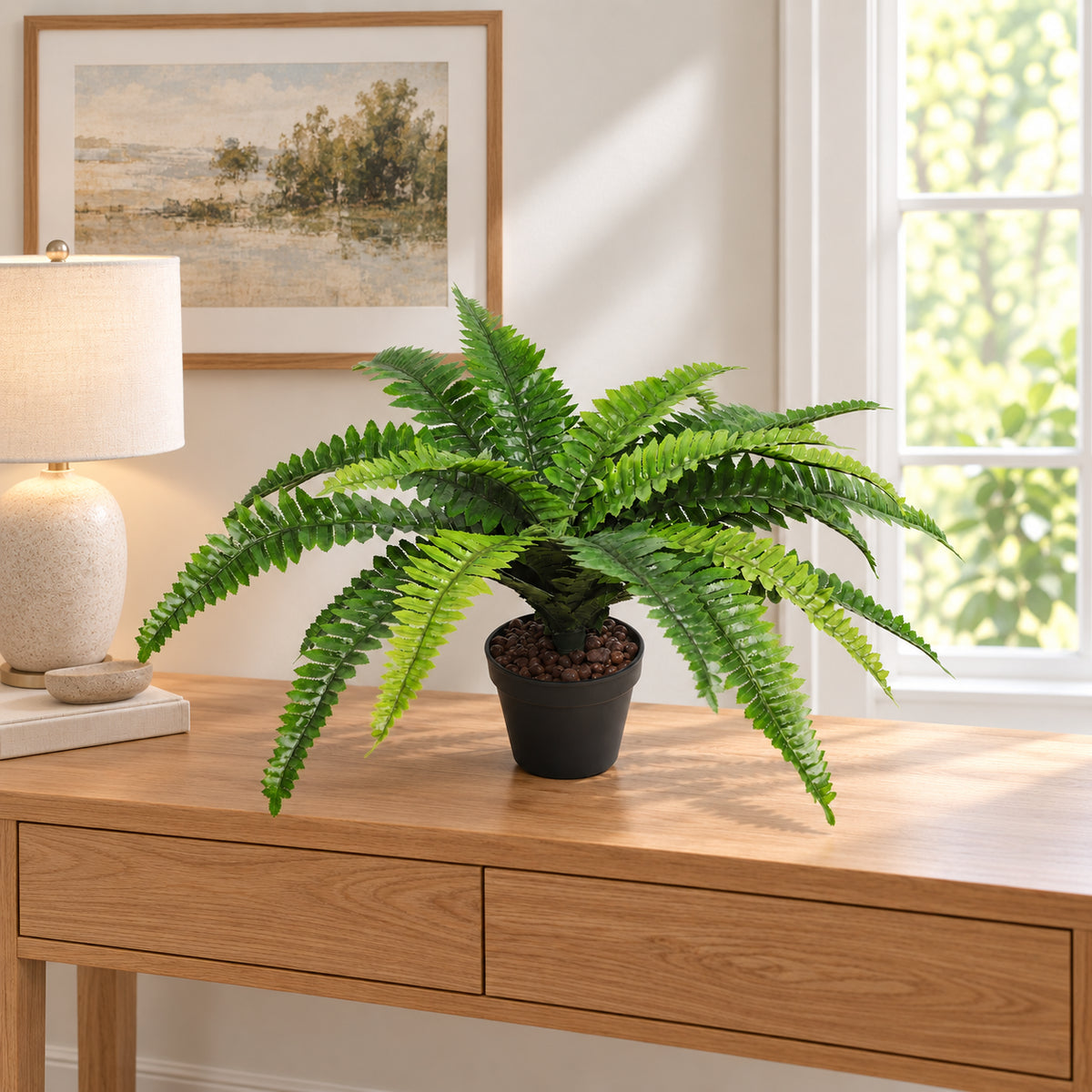 Artificial Potted Natural Green Boston Fern (50cm high 70cm wide) - styled product image A