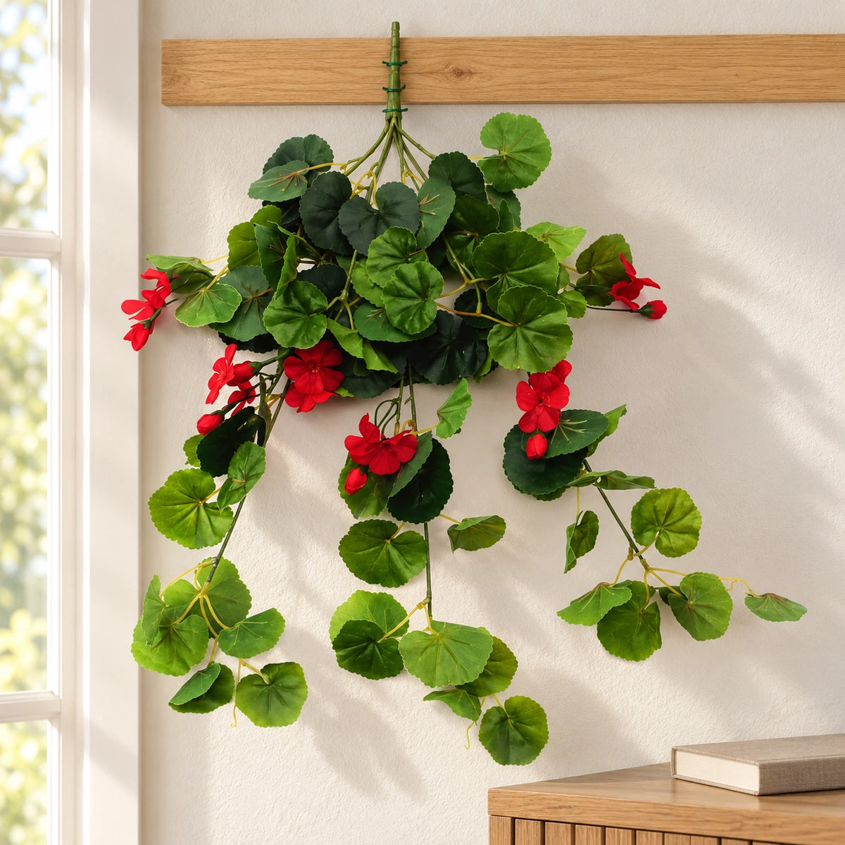Artificial Geranium Hanging Bush with Red Flowers 60cm - styled product image B