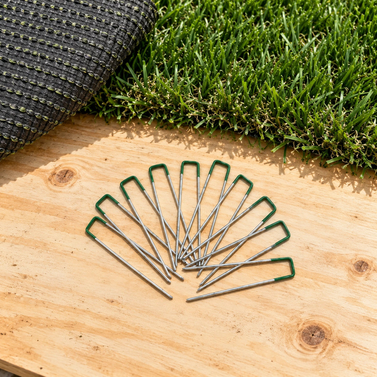Artificial Grass Roll Pegs / Fake Grass Galvanized Metal Pegs with Green Top 10 Pieces - styled product image B