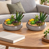 Potted Artificial Succulents with Round Decorative Bowl 19cm - styled product image B