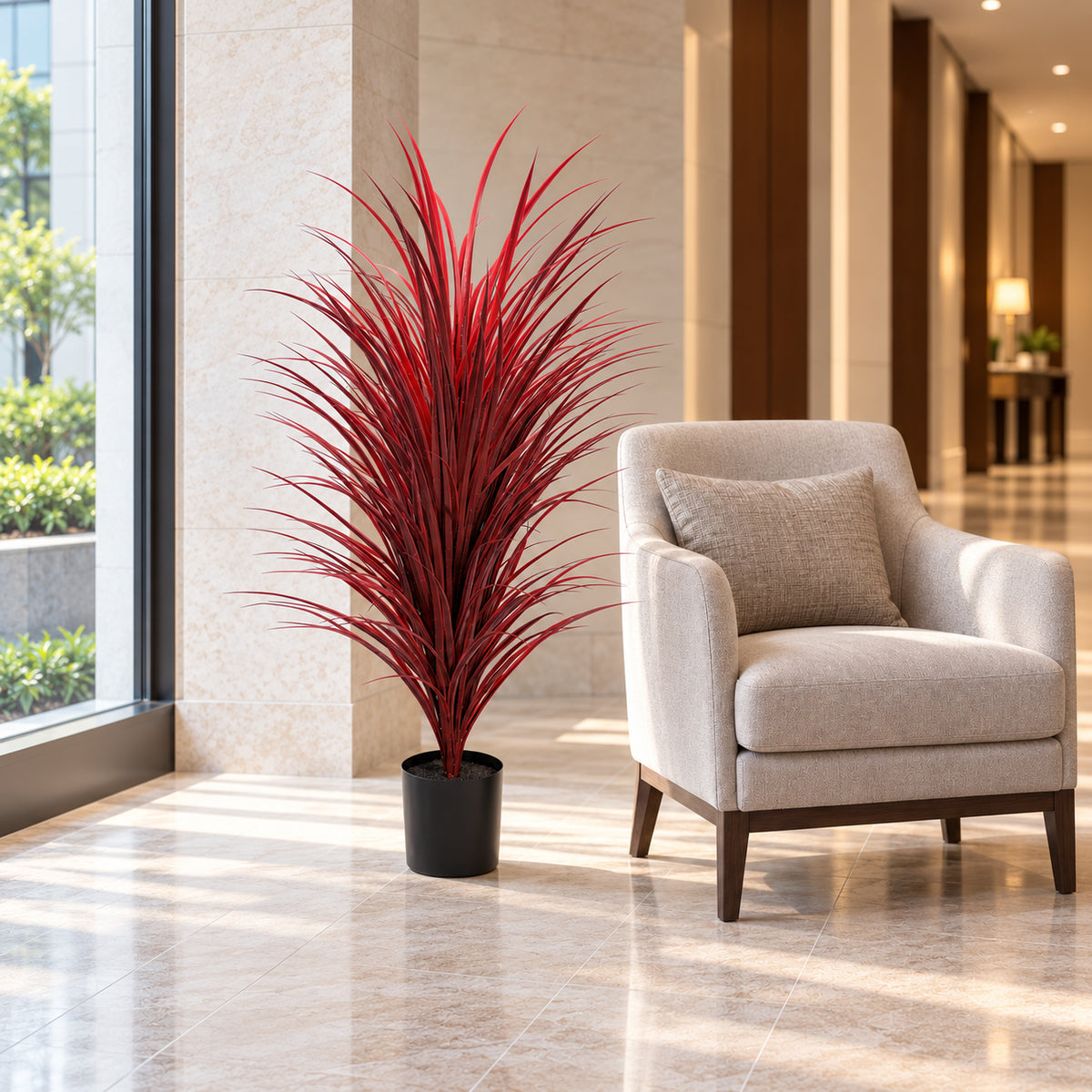 Burgundy Potted Artificial Long Grass (Yucca Grass) 115cm UV Resistant - styled product image B