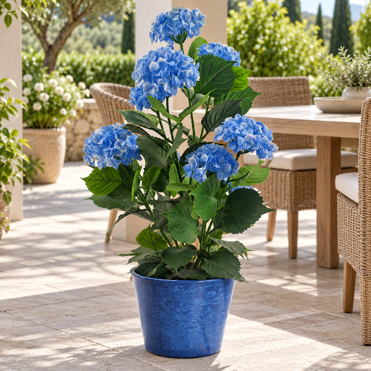 Premium Artificial Flowering Blue Hydrangea Tree 90cm UV Resistant - styled product image B