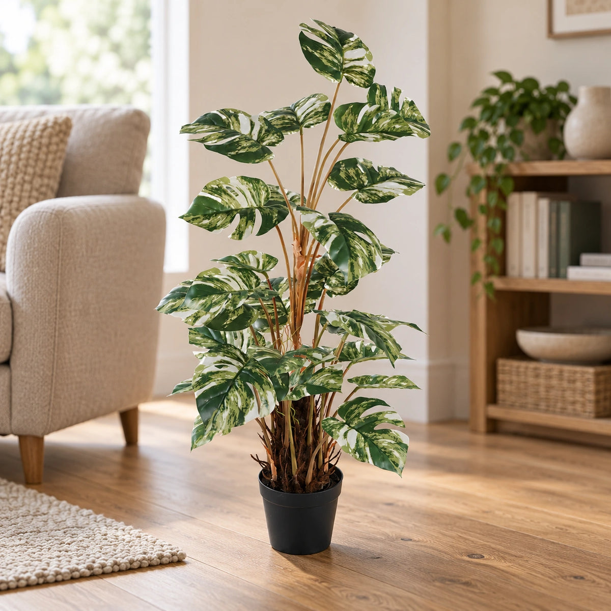 Premium Artificial Monstera Deliciosa / Variegated Monstera (Swiss Cheese) 90cm - styled product image A