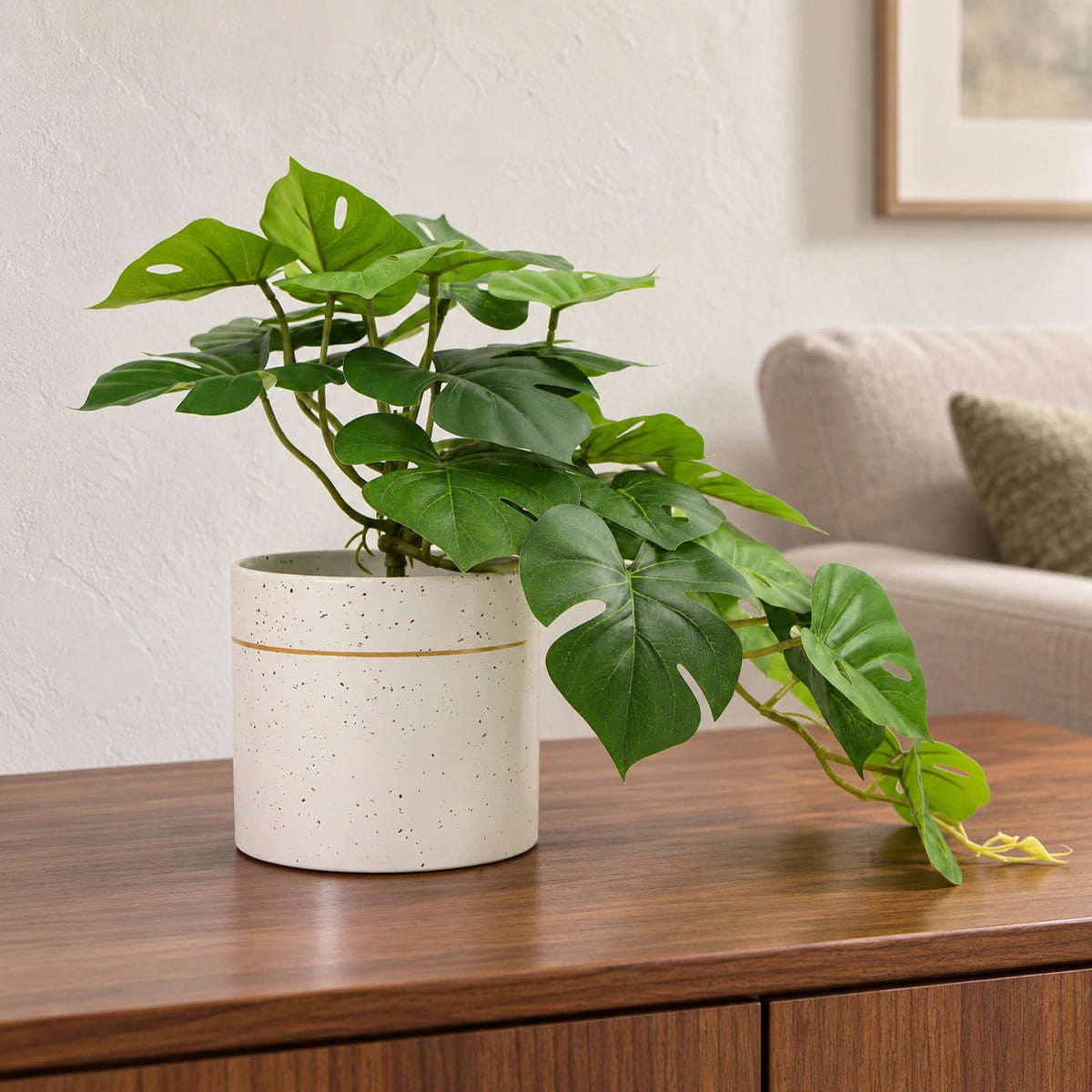 Decorative Artificial Monstera Adansonii Plant in Ceramic Bowl 30cm - styled product image A