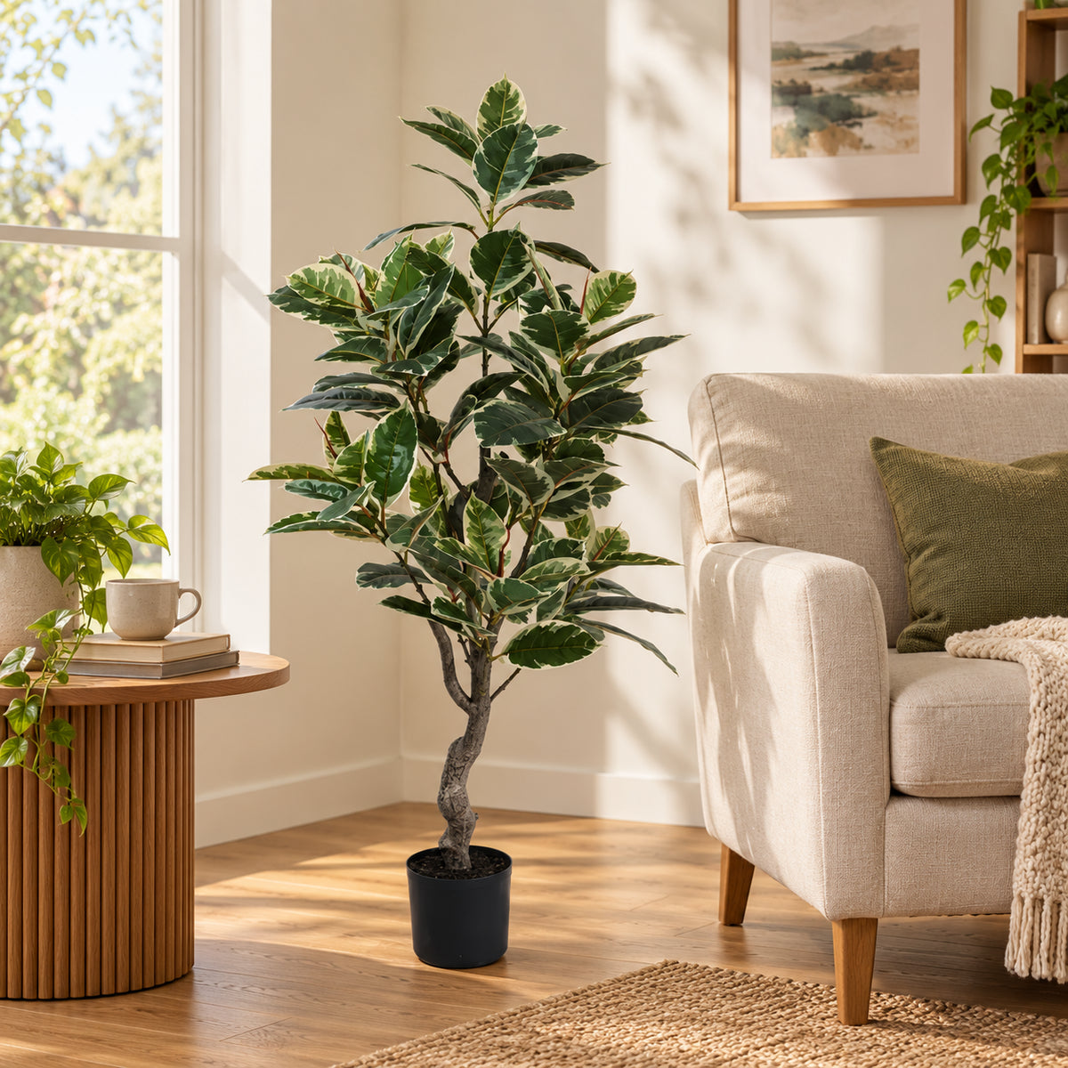 Artificial Bushy Variegated Ficus Tree (Rubber Tree) 120cm - styled product image A