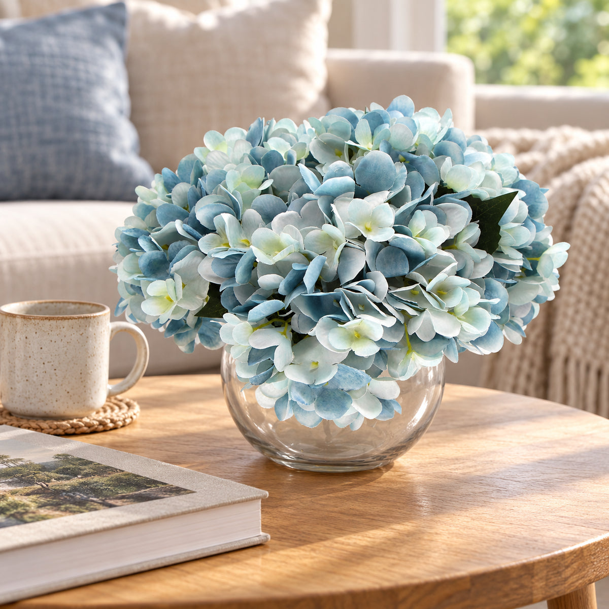 Premium Artificial Hydrangea with Glass Vase (Flowering Blue Hydrangea) 23cm - styled product image A