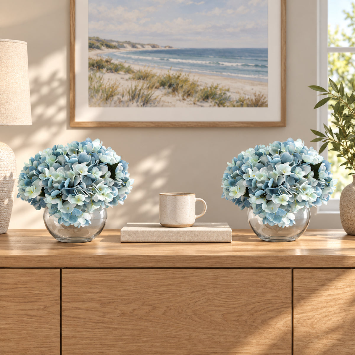 Premium Artificial Hydrangea with Glass Vase (Flowering Blue Hydrangea) 23cm - styled product image B