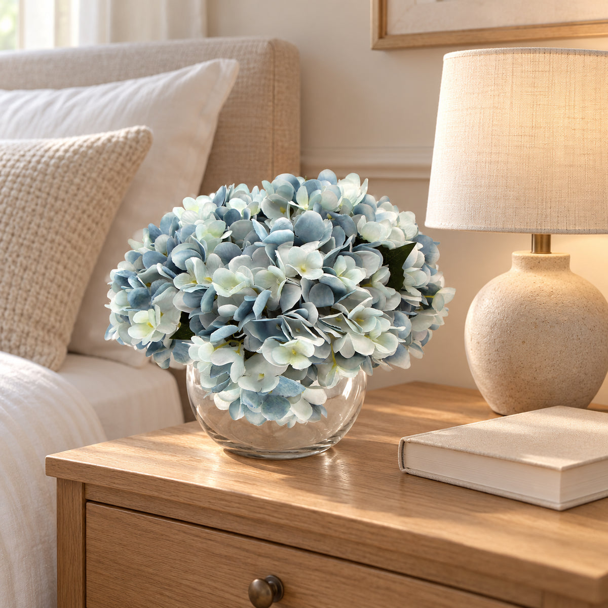 Premium Artificial Hydrangea with Glass Vase (Flowering Blue Hydrangea) 23cm - styled product image C