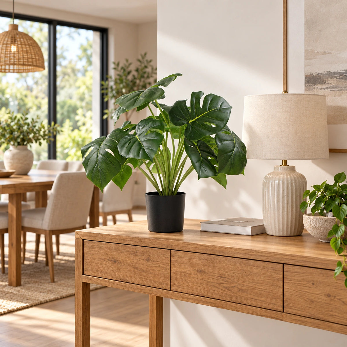 Dense Potted Artificial Monstera Deliciosa Plant With Real Touch Leaves 50cm - styled product image A