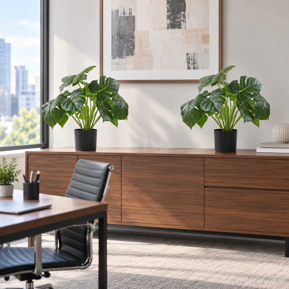 Dense Potted Artificial Monstera Deliciosa Plant With Real Touch Leaves 50cm - styled product image B