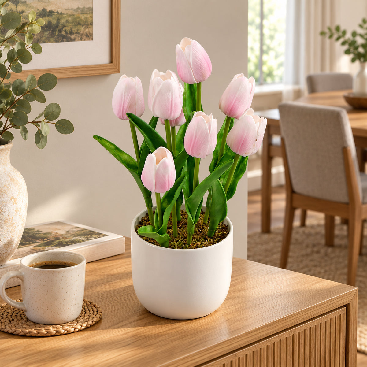 Flowering Pink Artificial Tulip Plant Arrangement With Ceramic Bowl 35cm - styled product image A