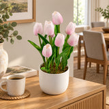 Flowering Pink Artificial Tulip Plant Arrangement With Ceramic Bowl 35cm - styled product image A