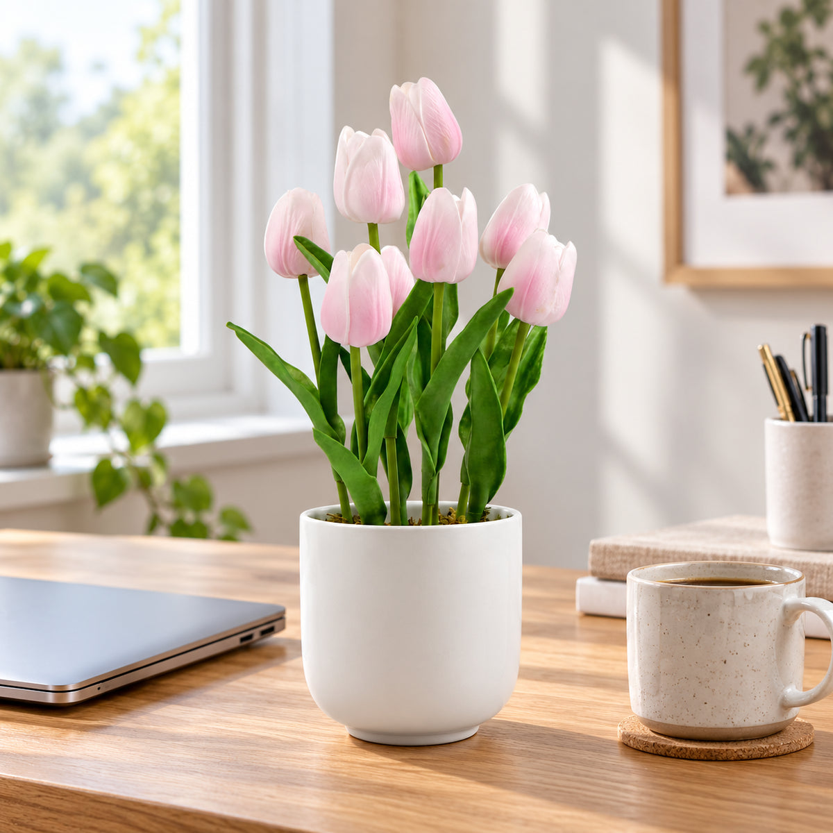 Flowering Pink Artificial Tulip Plant Arrangement With Ceramic Bowl 35cm - styled product image C