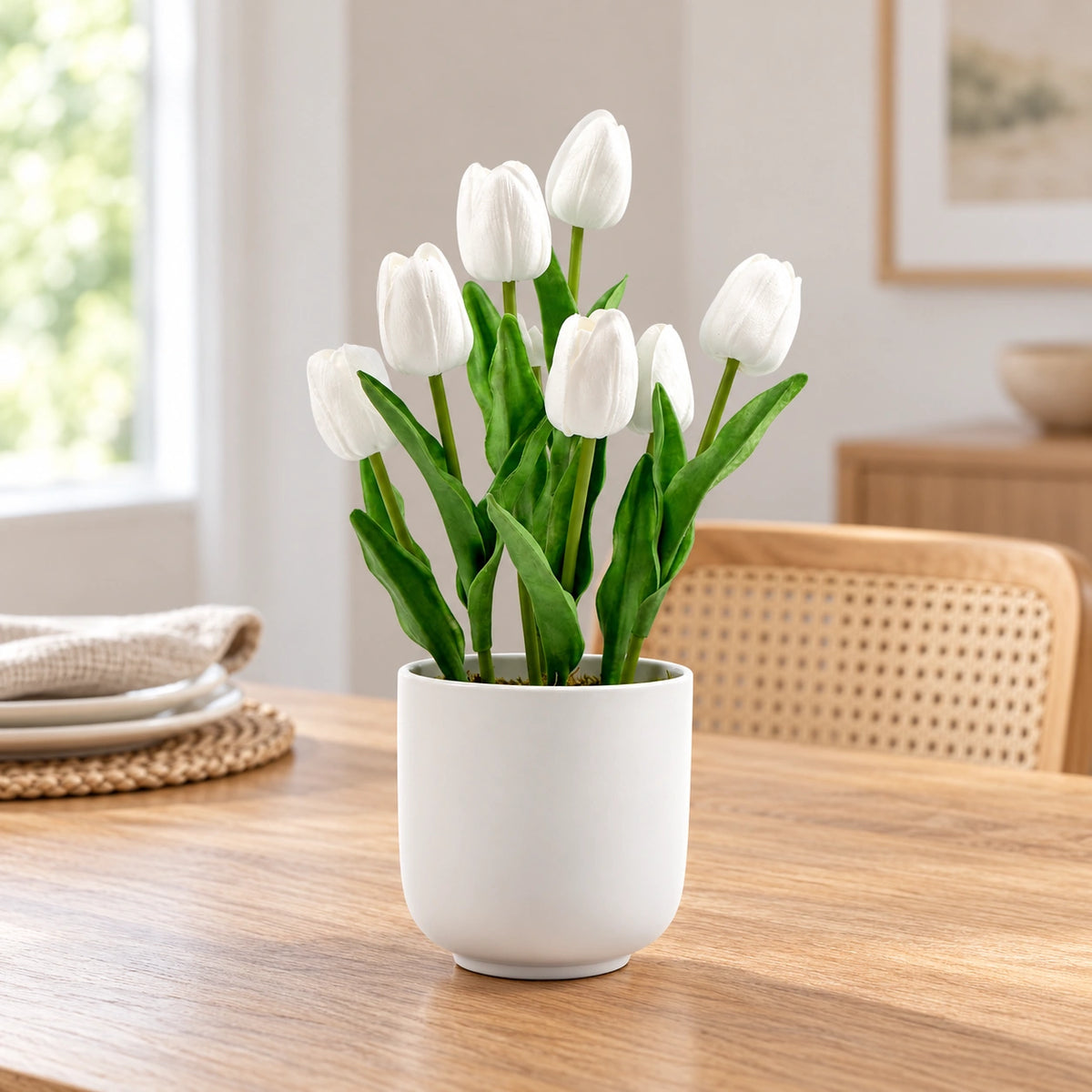 Flowering White Artificial Tulip Plant Arrangement With Ceramic Bowl 35cm - styled product image A