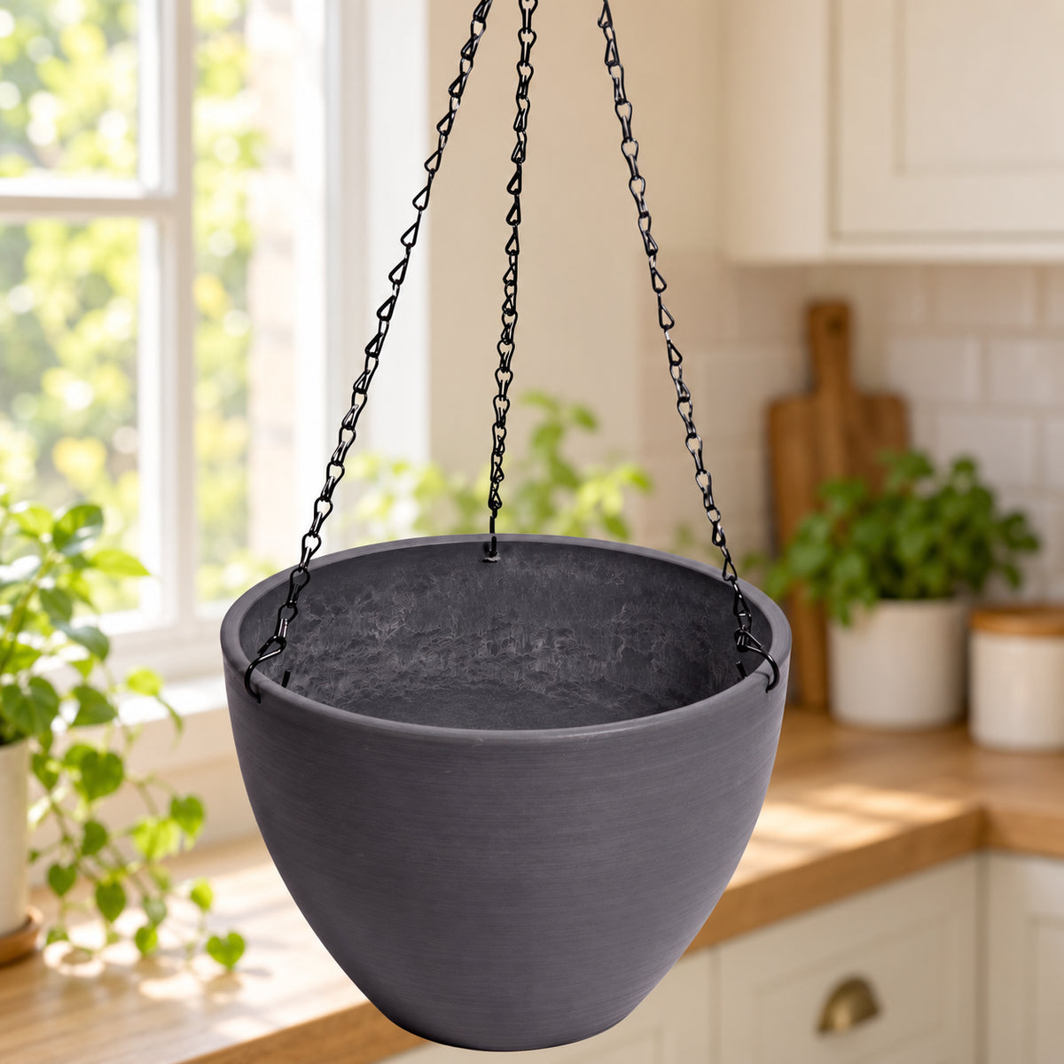 Hanging Grey Plastic Pot with Chain 30cm - styled product image A