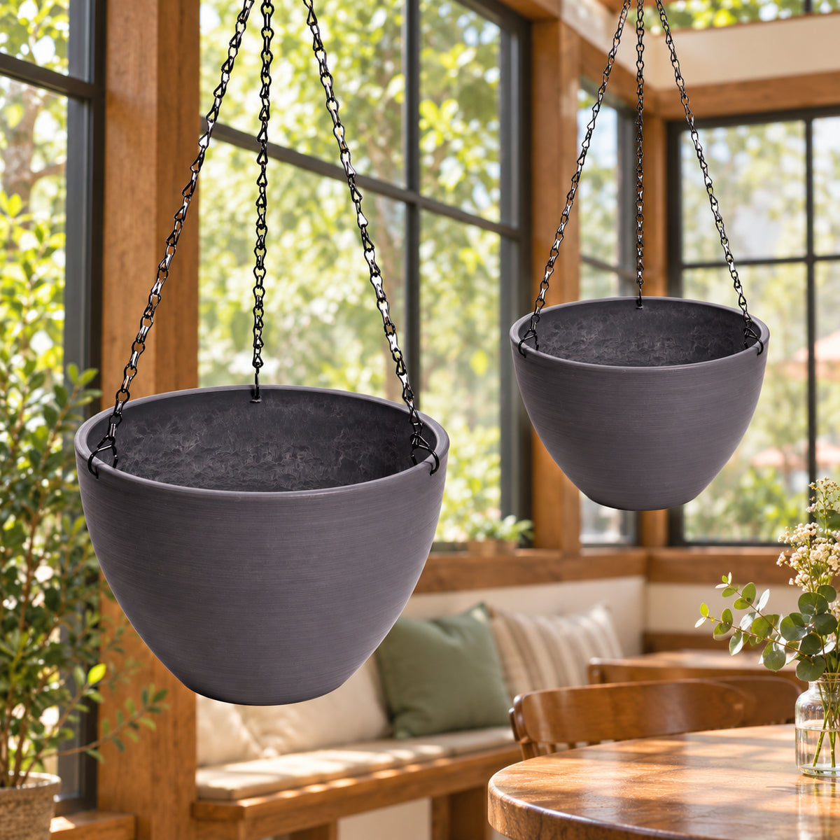 Hanging Grey Plastic Pot with Chain 30cm - styled product image C