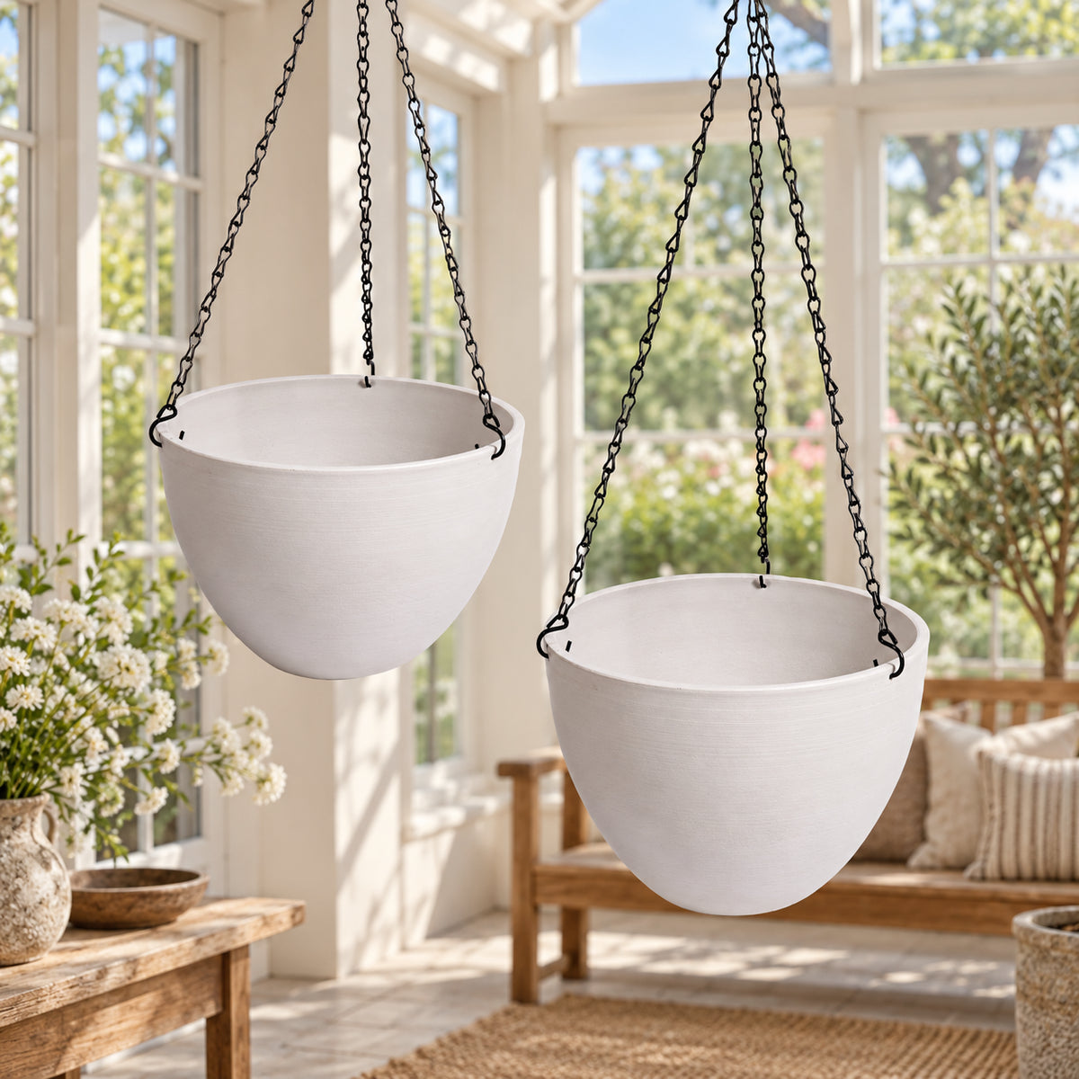 Hanging Rustic White Plastic Pot with Chain 30cm - styled product image C