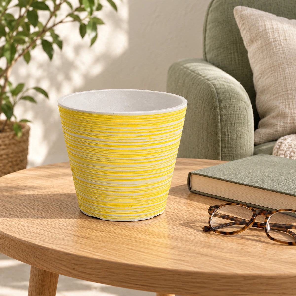 Yellow and White Engraved Pot 17cm - styled product image A