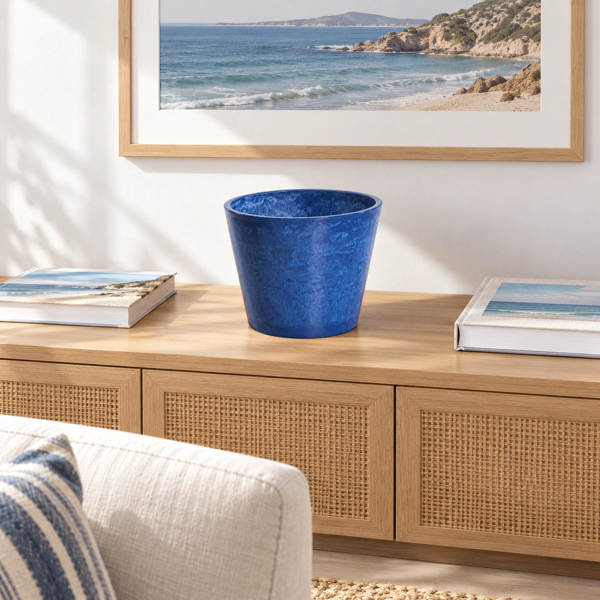 Glossy Blue Garden Pot 25cm - styled product image A