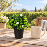 20cm potted artificial flowering boxwood beside a coffee mug on an outdoor patio table.
