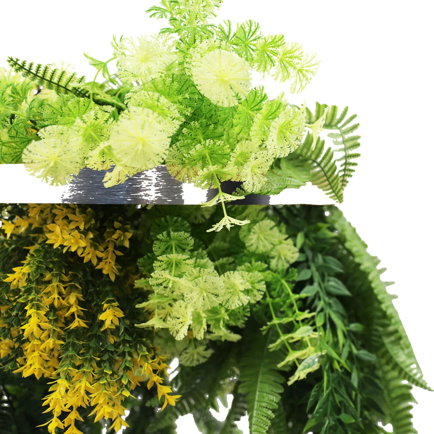 Silver Artificial Hanging Plant Disc Chandelier with Bright Tropical Trailing Foliage & Draping Ferns — 40cm UV Resistant
