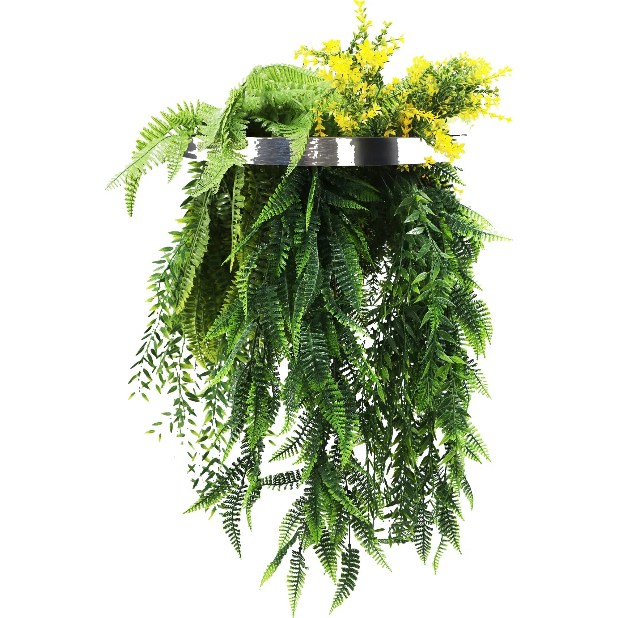 Silver Artificial Hanging Plant Disc Chandelier with Bright Tropical Trailing Foliage & Draping Ferns — 40cm UV Resistant