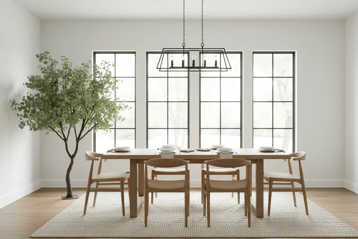 Dining room with wooden table and chairs in a bright room with large windows.