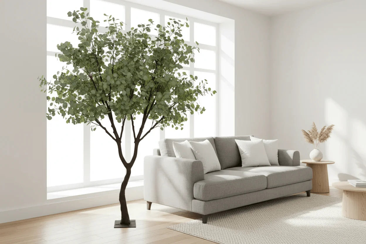 Modern living room with a gray sofa, decorative plant, and side table.