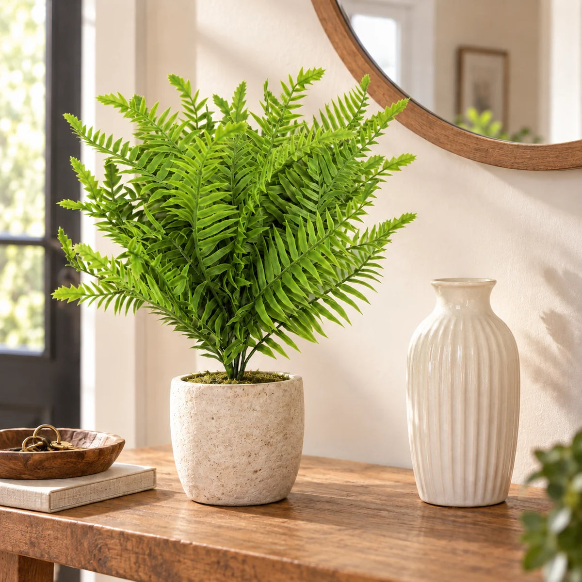 40cm artificial lady fern styled in a small stone pot on an entry console.