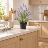 40cm artificial lavender in its supplied black pot on a kitchen counter; kitchen fittings shown for styling.