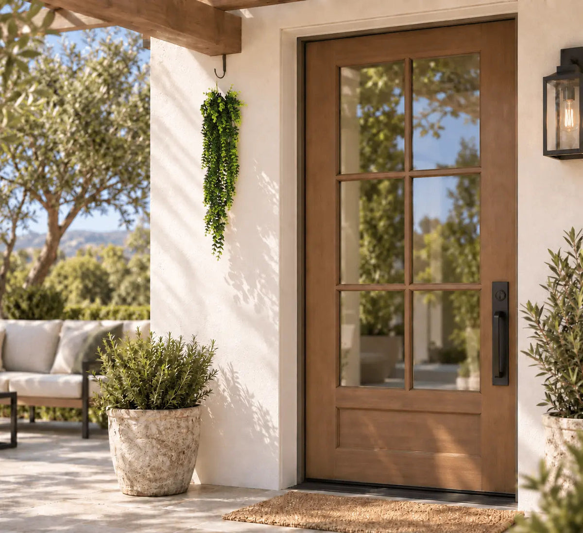 Single 30.5-inch UV-resistant lush green eucalyptus hanging garland shown outdoors at accurate scale