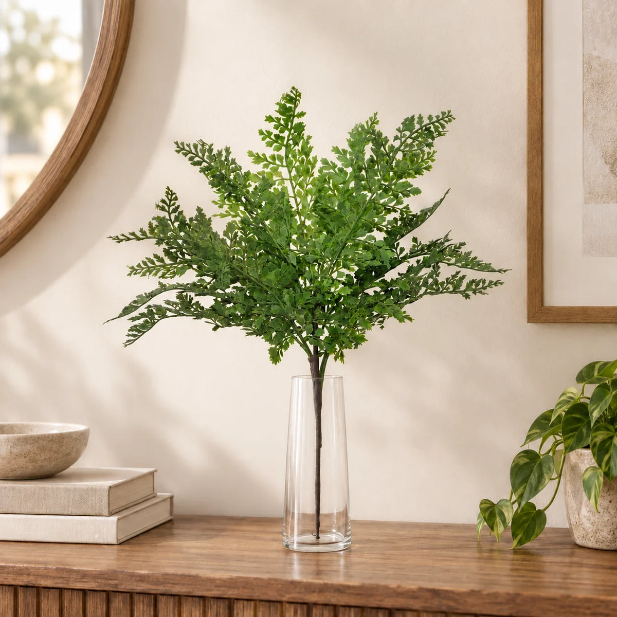 One 40cm artificial maidenhair fern stem in a clear glass vase on a console; vase and furniture sold separately.